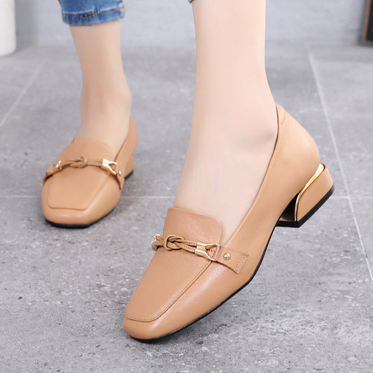 Top Layer Cowhide Leather Shoes Spring Mid-heel Ladies Shoes - DALOUNE